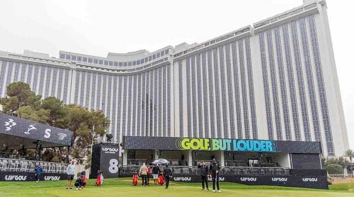 A general view of the on the eighth hole is seen during the practice round before the start of the 2024 LIV Golf Las Vegas tournament at the Las Vegas Country Club.